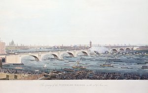 Waterloon sillan avaus 18. kesäkuuta 1817, kaiverrettu A. Pugin W. Findlaterin piirroksesta, kaiverrus R. Havell ja Son, 1818 (värikaiverrus) tekijältä Augustus Charles Pugin