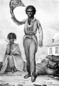 Bungaree, Uuden Etelä-Walesin alkuperäisasukkaiden päällikkö, Charles Joseph Hullmandelin kaiverrus, 1830.
