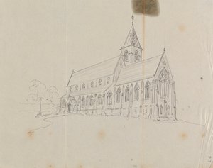 Luonnos goottilaisesta kirkosta tekijältä Augustus Welby Northmore Pugin