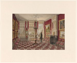 1800-luvun sisustus maalauksilla ja seisova hahmolla tekijältä Augustus Wijnantz