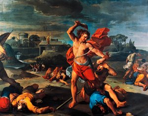 Simson tappaa filistealaiset, Aureliano Milanin (1675-1749) maalaus, öljy kankaalle, 225x290 cm, Italia
