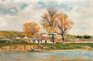 Aureliano de Beruete ja Moret (1845-1912) - Omenajoen rannat. Öljy kankaalle.