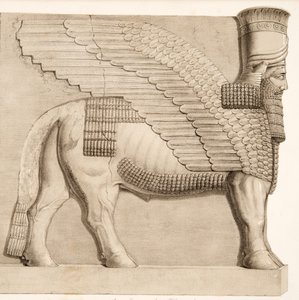 Ihmispäinen härkä ja siivekäs hahmo Kouyunjikia ympäröivän seinän portista, Monuments of Ninive -pubista. 1849
