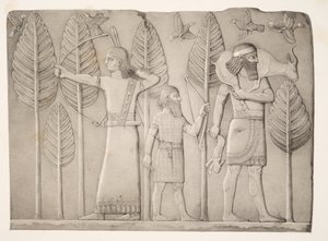 Metsästäjät gazellin, jäniksen ja lintujen kanssa (Khorsabad), teoksesta Monuments of Nineveh, pub. 1849 tekijältä Austen Henry Layard
