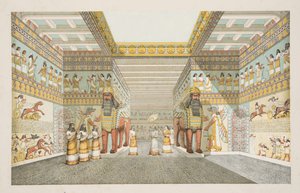 Assyrialaisen palatsin salin jälleenrakennus Niniven monumenteista, pub. 1849 (käsinvärinen kaiverrus)