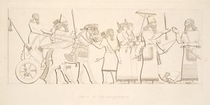 Kuningas vastaanottaa vankeja, Monuments of Niniven pubista. 1849 tekijältä Austen Henry Layard