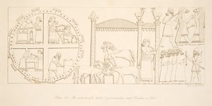 Linnan (pohjapiirros) ja paviljongin tai teltan sisätilat Niniven monumenteista, pubista. 1849 tekijältä Austen Henry Layard