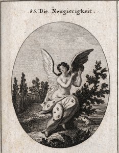 Allegorie de curiosite esitetään verhoilla, joissa on korvat ja silmät. Siivet koholla. Kaiverrus "" Ikonologia tai ideoita intohimojen ja allegorioiden alalta, kuvainnollisesti esitetty piirtäjille, maalareille, runoilijoille, tutkijoille, kouluttajille j tekijältä Austrian School