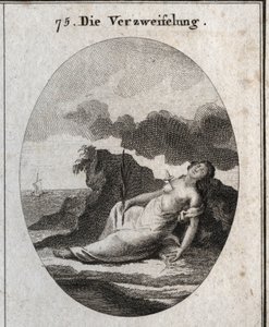Epätoivon allegooria kuvaa tikaria rinnassa ja kypereiden oksaa kädessä (puu, joka aikoinaan koristi hautoja). Tuulikompassit ovat ajatushäiriön tunnus. Kaiverrus "" Iconologie oder Ideen aus dem Gebiete der Leidenschaft tekijältä Austrian School