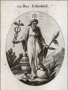 Allegoria kohtalosta. Sen yläpuolella oleva tähti kertoo astrologiasta ihmiselämän tapahtumista. Hän pitelee toisella kädellä voimansa lehtipuusymbolia ja toisella russanhäntäsymbolia ja fiuseaua, jonka katkennut lanka osoittaa elämän haurautta. Maa h tekijältä Austrian School