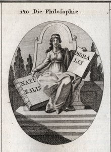 Filosofian allegoria istuu marmoritornilla useiden portaiden yläpuolella. Hänellä on kultainen diadeemi otsassa ja hänellä on kaksi avointa kirjaa "" Naturalis"" (Luonto) ja "" Moralis"" (Moraali). Kaiverrus "" Iconologie oder Ideen aus dem Gebiete der Lei tekijältä Austrian School