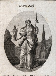 Aateliston allegoria. Tähti tarkoittaa tunteiden nousua. Minervan patsas ja keihäs osoittavat, että se voi saavuttaa tieteen ja aseiden ansiot. Kaiverrus "" Iconologie oder Ideen aus dem Gebiete der Leidenschaften und Allegorien bild tekijältä Austrian School