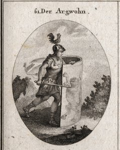 Epäilyn allegoria leikkaa kilven taakse, jonka päällä seisoo leijona, aristoteleen mukaan epäilyn symboli, ja kukko kypärässä, joka edustaa valppautta. Kaiverrus "" Iconologie oder Ideen aus dem Gebiete der Leidenschaften und Alleg tekijältä Austrian School