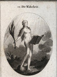 Totuuden allegoria edusti alastomia ilman keinotekoisia katseita ja luonnollisia katseita auringon valoon. Kämmen symboloi petoksen voittoa ja kirja opiskelua. Kaiverrus "" Iconologie oder Ideen aus dem Gebiete der Leidenschaften und Allegor tekijältä Austrian School