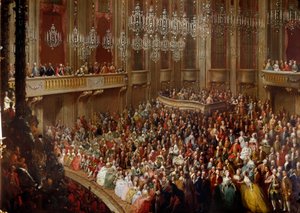 Konsertti Wienissä keisarillisen perheen läsnäollessa. 1700-luvun itävaltalaisen koulukunnan maalaus. Schonbrunnin linna tekijältä Austrian School