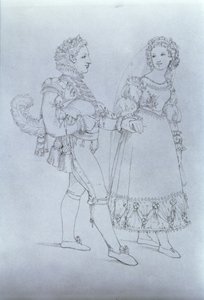 Pukusuunnittelu Figarolle ja Susannalle Wolfgang Amadeus Mozartin (1756-91) oopperasta "Figaron häät" (kaiverrus) tekijältä Austrian School