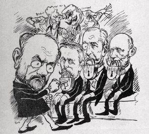 Emile Zola yrittää avata lukkoja, jotka sulkevat presidenttien Jean Casimir-Perierin (1847-1907) ja Felix Fauren (1841-1899) sekä neuvoston puheenjohtajan Jules Melinen (1838-1925) suuta, samalla kun taustalla Henri Rochefort (1831-1913) kertoi Com tekijältä Austrian School