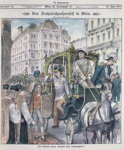 Itävallan keisari Franz Josef saapuu Pyhän Tapanin katedraaliin Wienissä juhlimaan Corpus Christin (Fronleichnam) juhlaa 1897; tekijältä Austrian School