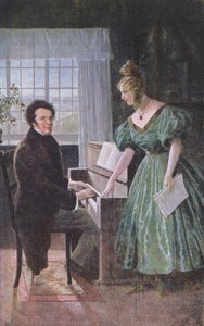 Franz Peter Schubert (1797-1828) soittaa pianoa, postikortti n. 1910 tekijältä Austrian School