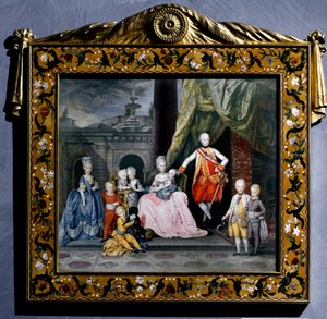 Pierre-Leopold Habsburg-Lorrainen (Pierre Leopold of Habsburg Lorraine) (1747-1792) (silloin Pyhän Imperiumin tai Itävallan Leopold II) muotokuva ympäröi perheensä (hänen vaimonsa Marie Louise ja heidän 8 lastaan) Miniatyyrimaalaus. 1776 Wien Hofbour tekijältä Austrian School