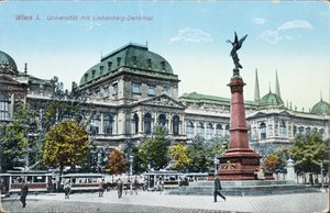 Postikortti, joka kuvaa Wienin yliopistoa ja Liebenbergin muistomerkkiä, n. 1915 tekijältä Austrian School