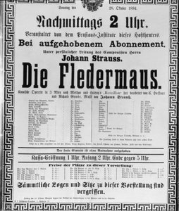 Juliste, joka mainostaa Johann Strauss nuoremman "Die Fledermaus" esitystä Wienin valtionoopperassa 28. lokakuuta 1894 (litho)