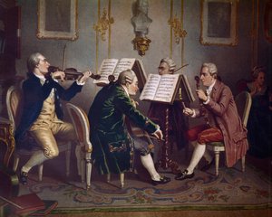 Jousikvartetto soittaa Mozartin teosta (Kamarimusiikki) (Litografia tekijältä Austrian School