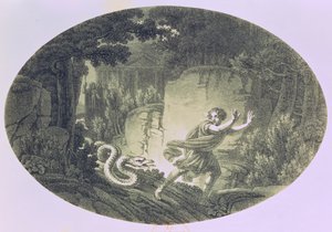 Jättikäärmeen jahtaama Tamino, Wolfgang Amadeus Mozartin (1756-91) Taikahuilun I näytös I kohtaus (kaiverrus) tekijältä Austrian School