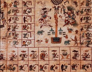 Esitys atsteekkien jumaluuksista ja kalenteria vastaavat laatikot. Sivu atsteekkien käsikirjoituksesta kuoressa ”Codex Borbonicus”, esikolumbialainen Keski-Meksikon alkuperäiskansojen koodeksi, 1400-luvun loppu. Kansalliskokouksen kirjasto (Palais Bourbon) tekijältä Aztec