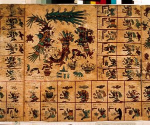 Atsteekkien jumaluuksien ja kalenteria vastaavien laatikoiden esitys. Sivu asteekkien käsikirjoituksesta kuorella "Codex Borbonicus", esikolumbialainen alkuperäiskansojen koodeksi Keski-Meksikosta, 1400-luvun loppupuolelta. Kansalliskokouksen kirjasto (Pal tekijältä Aztec