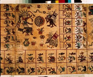 Esitys atsteekkien jumaluuksista ja kalenteria vastaavista laatikoista. Sivu atsteekkien käsikirjoituksesta kuoressa "Codex Borbonicus", esikolumbialainen Keski-Meksikon alkuperäiskansojen koodeksi, 1400-luvun loppu. Kansalliskokouksen kirjasto (Palais Bou tekijältä Aztec