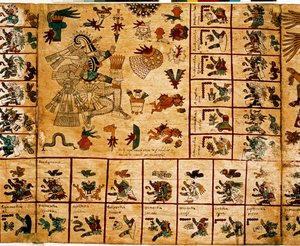 Esitys atsteekkien jumaluuksista ja kalenteria vastaavat laatikot. Sivu atsteekkien käsikirjoituksesta kuoressa "Codex Borbonicus", esikolumbialainen Keski-Meksikon alkuperäiskansojen koodeksi, 1400-luvun loppu. Kansalliskokouksen kirjasto (Palais Bourbon) tekijältä Aztec