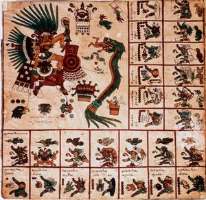 Quetzalcoatlin ja Tezcatlipocan, atsteekkien jumalien ja kalenteria vastaavien laatikoiden esitys. Sivu atsteekkien käsikirjoituksesta kuoressa "Codex Borbonicus", esikolumbialainen Keski-Meksikon alkuperäiskansojen koodeksi, 1400-luvun loppu. National As: