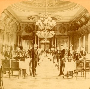 Windsor-hotellin Great Dining Hallin sanotaan olevan maailman hienoin, Montreal, Kanada, 1894.