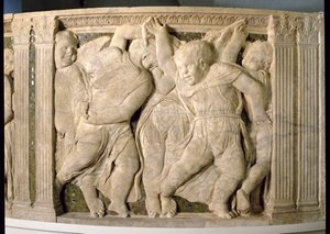 Restauroinnin jälkeinen paneeli nro VII Praton katedraalin saarnatuolista tekijältä B. di Donatello and Michelozzo