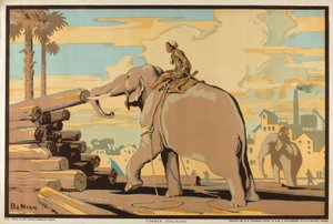 Timber Stacking, sarjasta "Burma: Rich Resources" (väri litho) tekijältä Ba Nyan