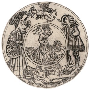 Aristoteles ja Phyllis, nuoren miehen ja naisen ympäröimänä Eroksen kanssa ja makuuasentoon alaston naisen kanssa, 1400-luvun toinen puoli
