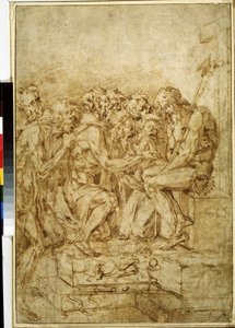 ""Kristus intohimon symboleilla seitsemän hahmon ympäröimänä"" (Kristus, jossa on seitsemän hahmoa läsnäolevaa intohimoa) Piirustus ruskealla musteella, Baccio Bandinelli (1493-1560) 1500-luvun Pushkin-museo Moskova tekijältä Baccio Bandinelli