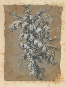 Suunnittelu ylelliselle päähineelle, jossa on höyhenet kypärässä, n. 1620-56.