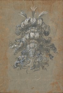 Suunnittelu ylelliselle päähineelle, jossa on höyhenet kypärän edestä katsottuna, n. 1620-56.