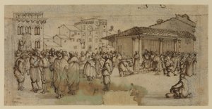 Praça do mercado em Florença, com figuras (giz, caneta e tinta e lavagem em papel) finlandês