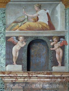 Sala delle Prospettive Perspektiivisali yksityiskohta trompe loeil -niemestä, jossa on kuvattu jumalatar Juno riikinkukon kanssa, fresko vuodelta 1518-19.
