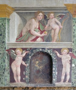 Sala delle Prospettive Prospektiivien sali yksityiskohta Venusta ja Amoria esittävästä trompe loeil -niemekkeestä, fresko vuodelta 1518-19.