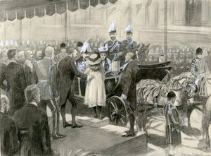 Kuningas Edward VII ja kuningatar Alexandra - Lontoon kreivikunnan neuvoston ständi Trafalgarin aukiolla, 24. lokakuuta 1902 (vesiväri paperille).