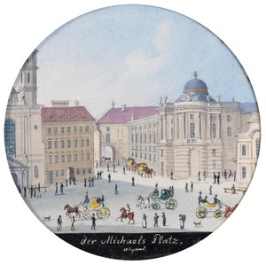 Pyhän Mikaelin aukio Wienissä - Balthasar Wigand (1770-1846). Akvarelli paperille, n. 1835. Mitat : D 7 cm. Yksityinen kokoelma