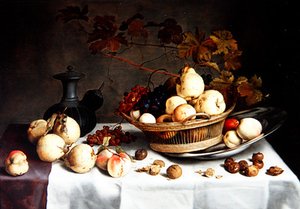 Kvittenien asetelma korissa, muita hedelmiä ja esineitä (öljy paneelissa) tekijältä Balthasar van der Ast