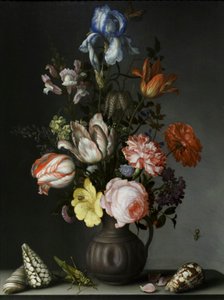 Kukkia maljakossa, jossa on simpukoita ja hyönteisiä, noin 1630 (öljy tammea vasten). tekijältä Balthasar van der Ast