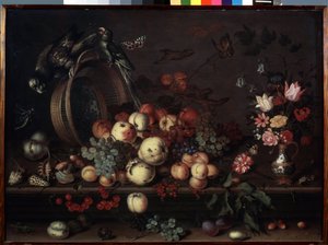 "Asetelma hedelmillä, kukilla ja papukaijoilla" (tunnetaan myös nimellä "Asetelma hedelmillä, kuorilla ja hyönteisillä") Balthasar van der Astin (1593/4-1657) maalaus n. 1620 Mitat 75x104 cm Ermi-museo tekijältä Balthasar van der Ast