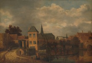 Näkymä Haarlemin kaupungista, otettu Spaarne-joelta, jossa näkyy Eendjespoort tekijältä Balthasar van der Veen