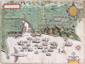 Näkymäsuunnitelma Santiagosta, Kap Verden saarista, jossa Sir Francis Draken hyökkäys espanjalaiseen linnoitukseen 17. marraskuuta 1585, n. 1588-9